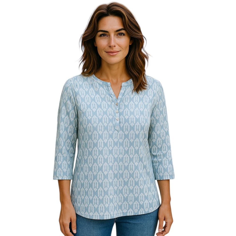 Chico's Blue Ikat Print Tunic Top Henley Roll Tab Sleeve